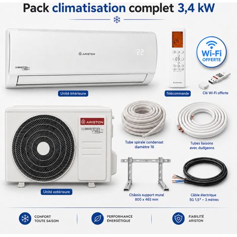 Ariston Group – Climatiseur monosplit Alys 3,4 kW – Réversible A++ froid/chaud – Kit installation 3 m – Télécommande Wi-Fi incluse