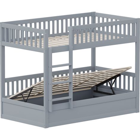 Lit superposé enfant en bois gris 90x200 cm avec rangement hydraulique, sommier à lattes inclus (1/5)