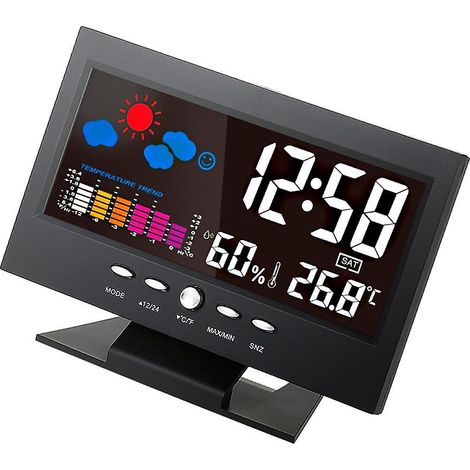 Indoor-Wetterstation mit digitalem Farb-LCD-Thermometer, Hygrometer und Uhr (°C/°F) – Multifunktion
