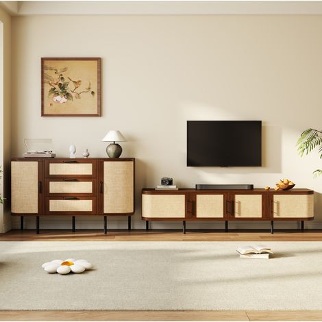 Ensemble meuble TV et buffet avec façades effet cannage, MDF, pieds métal, noyer, 180/120 cm OKWISH (1/5)
