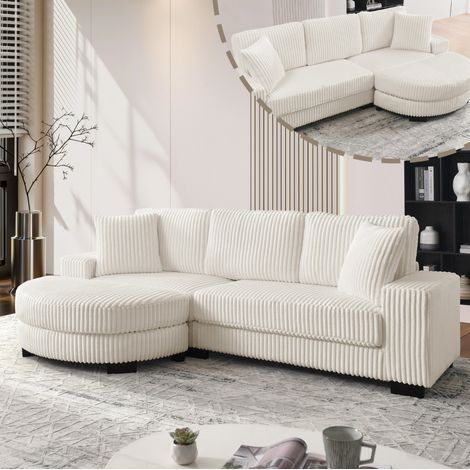 Sofá esquinero en L de 4 plazas 256,5 x 133,5 x 89 cm en pana beige HAVRYA (1/5)