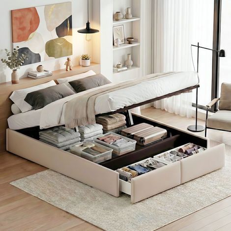 Lit coffre 140x200 cm avec 2 tiroirs, Espace de rangement hydraulique, tissu lin, lit plateforme rembourré sans tête de lit, pour adultes et adolescents, Beige
