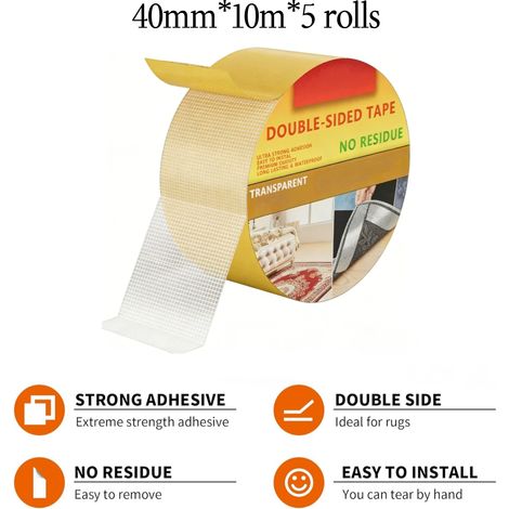 Ruban adhésif double face pour tapis, sans résidus, antidérapant, convient aux paillassons, tapis et couvertures, 40 mm x 10 m x 5 rouleaux. (1/5)