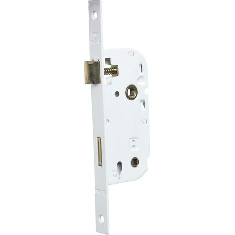 Serrure à encastrer axe 40 mm pour Porte de Salle de Bains et Toilettes, fermeture par Bouton, coloris Blanc (1/5)