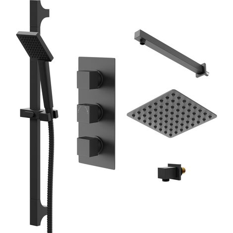 Colore Square Matt Black Concealed Triple Thermostatic Shower Valve with Square Fixed Shower Head and Square Slide Rail Kit - 2 Outlet (1/5)