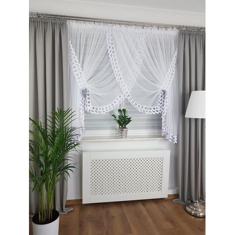 Rideau en voile blanc prêt à poser 300 x 150 cm avec dentelle guipure et fronces. (1/5)