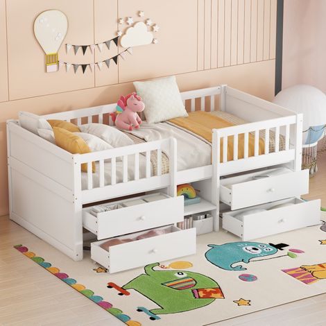 Cama infantil alta con 4 cajones y escalera blanca OKMYHOME (1/5)