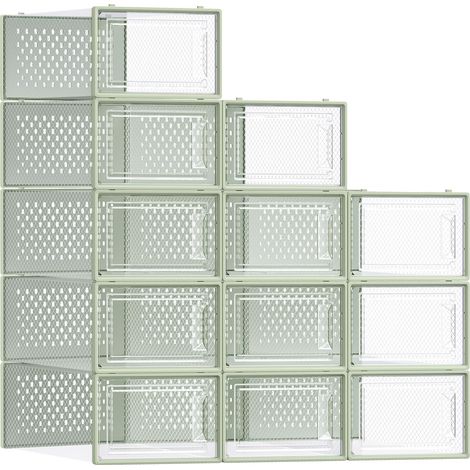 Boîtes à Chaussures, Rangement Chaussures en Plastique, Pliables et Empilables, pour Pointure Jusqu'à 43, Lot de 12, Transparent et Vert Olive LSP066C12 (1/5)