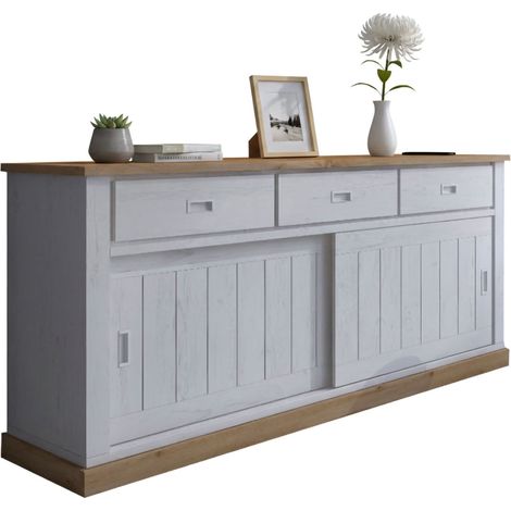 Sideboard Malonno, Kommode mit 3 Schubladen, 2 Regale, Schiebetür, 220x50x95h cm Weiß