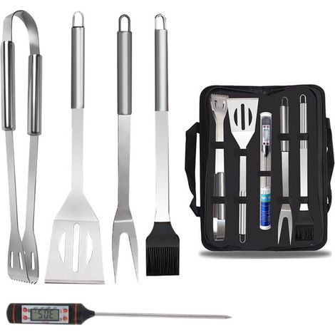 Ensemble de 5 pièces avec thermomètre, ensemble d'ustensiles pour barbecue, sac de transport en acier inoxydable, accessoires pour barbecue, Camping (1/5)