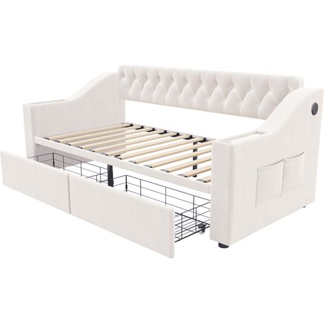 Cama tapizada 90 x 190 cm de terciopelo beige con cajones de almacenamiento y puerto USB (1/5)