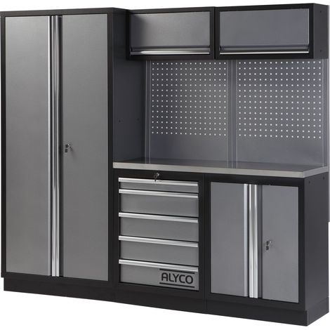 Conjunto de taller modular de 3 módulos con superficie de acero inoxidable ALYCO