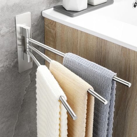 - Portasciugamani - Acciaio inox - Girevole a 180° - 3 barre - Non richiede foratura - Bagno - Argento - 60x10x5cm (1/5)
