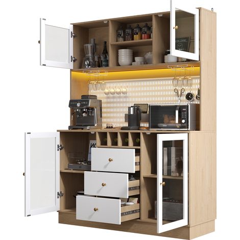 ELVMI Credenza alta con cassetto, portabicchieri, ripiani regolabili e LED per soggiorno, 140 x 40 x 185.7 cm, Bianco (1/5)
