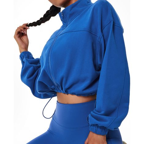 Veste courte de yoga et de course à pied, ample, manches longues, fermeture éclair intégrale, col montant, couleur unie, bleu, taille M. Vêtement de sport pour femme. (1/5)