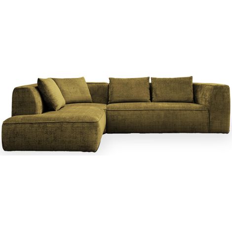 Mobilier Deco – Canapé d'angle en tissu vert 285x250 cm – Large assise moelleuse – Dossier rembourré – Accoudoirs enveloppants (1/5)