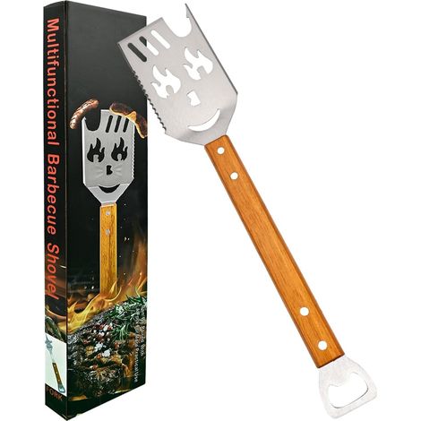 Ensemble d'outils de Barbecue, Spatule en Acier Inoxydable 42cm avec décapsuleur, Manche en Bois, Accessoires pour grillades en Plein air (1/5)