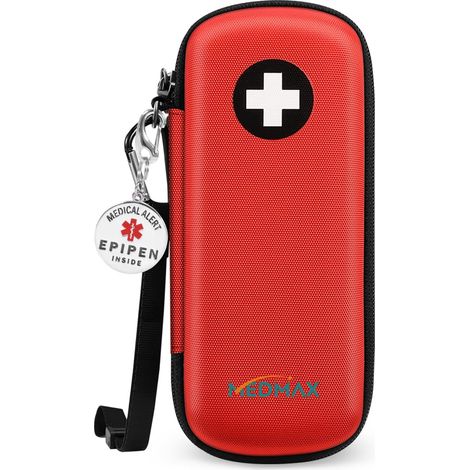 Sac à Médicaments avec l'étiquette d'alerte EPIPEN Inside, Trousse à Pharmacie Organisateur de médicaments Absorption des Chocs Coque Portable pour 2 EpiPen et allergie Meds (Rouge) (1/5)