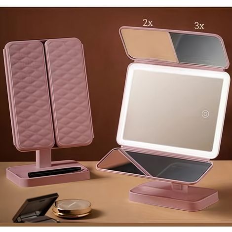Miroir De Maquillage Led - Rotation 270° - Design Tri-Plat - Batterie Rechargeable - Commande Tactile - Éclairage De Table Avec Réglage 3 Couleurs - 1 Pièce (1/5)