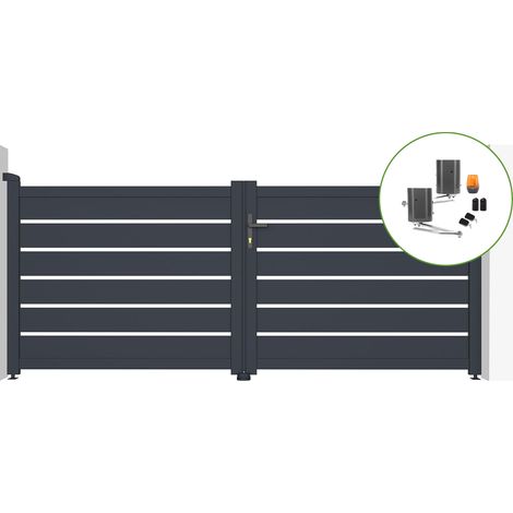 Casanoov – Portail battant électrique en aluminium gris 305x122cm – Motorisation BUNKER B500 – Supporte jusqu'à 500 kg – Inclus feu flash et photocellules (1/4)