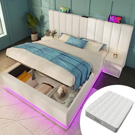 Lit rembourré 180x200, lit double avec rangement, éclairage LED contrôlé par application et fonction de chargement USB-C, cadre de lit à lattes, PU, blanc, sans table de chevet (matelas inclus), ga...