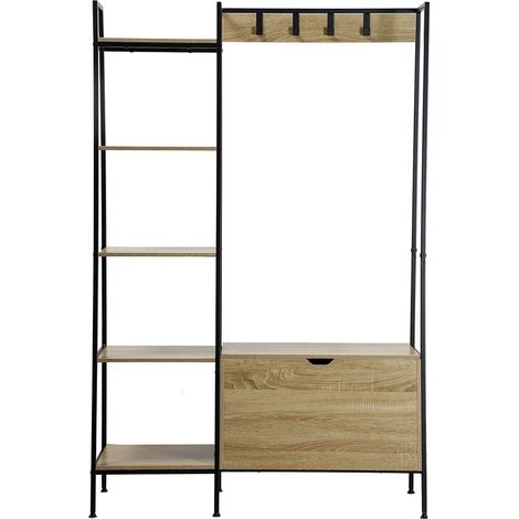 Penderie 5 étagères avec coffre à chaussures – Structure en acier noir mat – Panneaux de particules imitation chêne – Dimensions L 105 x P 35 x H 160 cm (1/5)