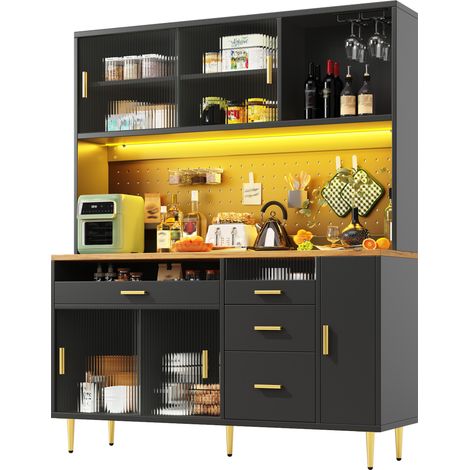 Haut de rangement LED 145 x 39 x 171 cm, porte coulissante en verre, étagères réglables, range-bouteilles et tiroir à verres, noir - CHICFURN (1/5)