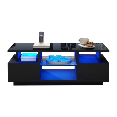 Table basse LED 100x50x36 cm verre rangement ouvert noir brillant