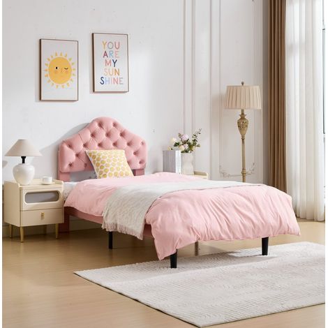 Bett 90x200 cm modern gepolstert aus rosa Samt mit verstellbarem Kopfteil und Lattenrost aus Holz