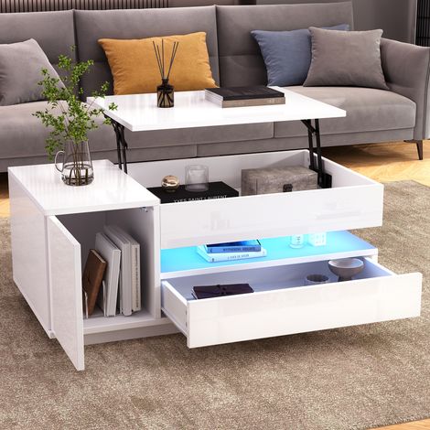 DESMIU Table Basse Relevable avec LED, 1 Tiroir et 1 Meuble, Rangement Caché et Semi-Ouvert pour Salon, Blanc, 90 × 50 × 34.5 cm (1/5)