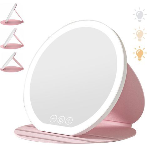 Miroir de maquillage pliable à LED de 22 cm, miroir de table portable avec éclairage, miroir de voyage pliable, miroir de courtoisie à LED avec écran tactile (rose) (1/5)