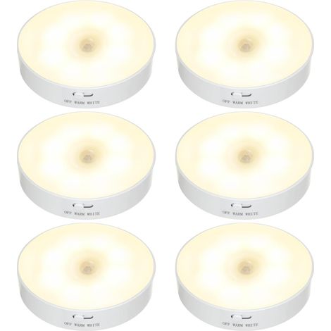 Lot de 6 veilleuses LED sans fil avec détecteur de mouvement pour escalier, chambre, salon, salle de bain, armoire, garage, cuisine sous les armoires