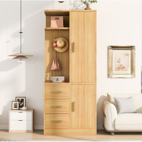 MODFU – Armario 70x50x170 cm de MDF con ropero, estantes, cajones y ganchos, carga 43 kg – Madera natural (1/5)