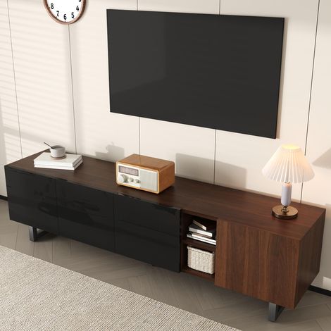 TV-Lowboard Schwarz Hochglanz und Holz 180 cm, moderner niedriger Wohnzimmerschrank mit 4 grifflosen Lacktüren und Metallgestell