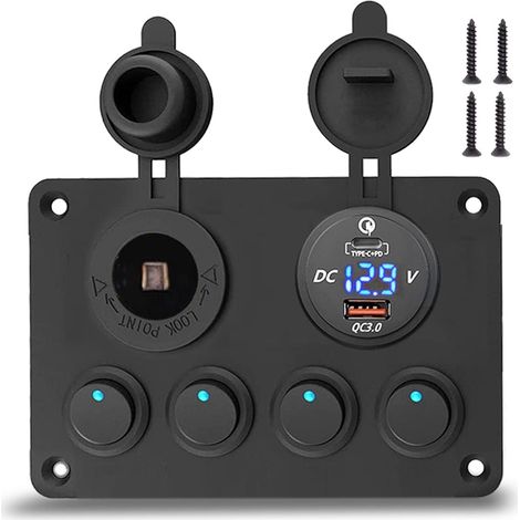 Panneau d'interrupteur de basculement avec USB C, panneau en aluminium imperméable IP65, chargeur USB prise d'allumage + voltmètre numérique, 4 interrupteurs basculeurs 12V/24V intégrés Fusible 15A