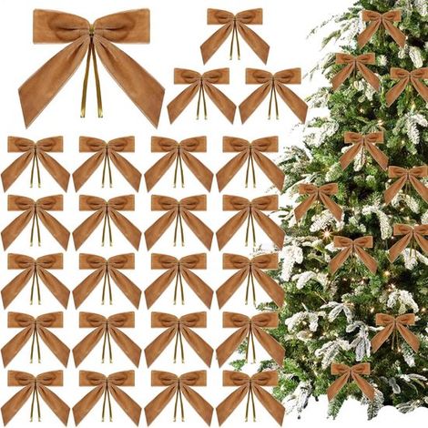 Nœuds décoratifs de Noël - 8,9 x 8,9 cm - Marron foncé - Nœuds de Noël en velours - Créez une ambiance de Noël - Décorations pour sapin de Noël - Lot de 24 (1/5)
