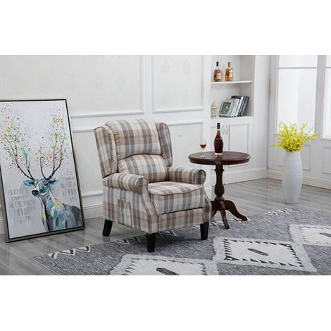 WestWood Vintage Armchair Sofa Recliner Lounge Fabric Tub Chair Seat Bedroom Home Occasional Furniture FA01 Beige Check