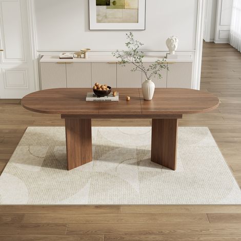 Table à manger extensible 140/180x90cm pour 6-8 personnes, table de cuisine style moderne rectangulaire avec coins arrondis et plateau épais, Noyer (1/5)