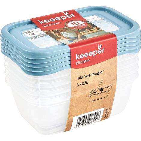 keeeper Set di 5 Contenitori per Congelare Alimenti, Coperchio su cui Scrivere, 5 x 500 ml, 15,5 x 10,5 x 6 cm, Mia Magic Ice, Nordic Blue (Blu) (1/5)