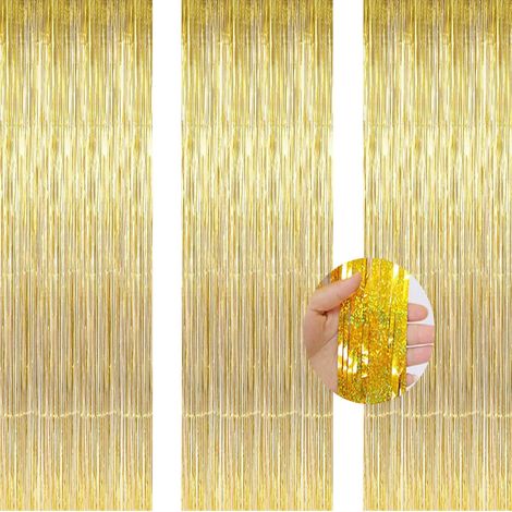 Pack de 3 Rideaux Laser Or 1x2m Feuille Métallique à Franges, Rideaux de Décoration pour Fenêtre, Porte et Fête (1/3)