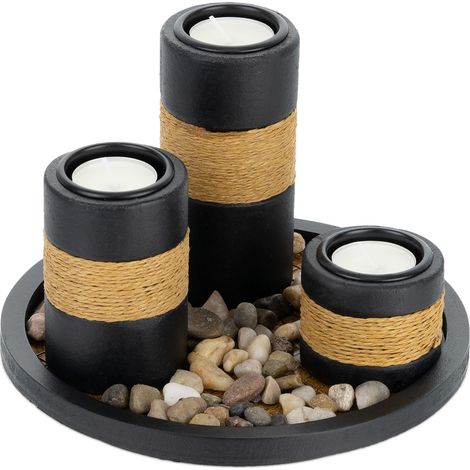 Relaxdays Tea Light Holder, Set with Tray & Stones, 19.5 cm Long, for Living & Dining Room, Candle Holder, Black/Brown