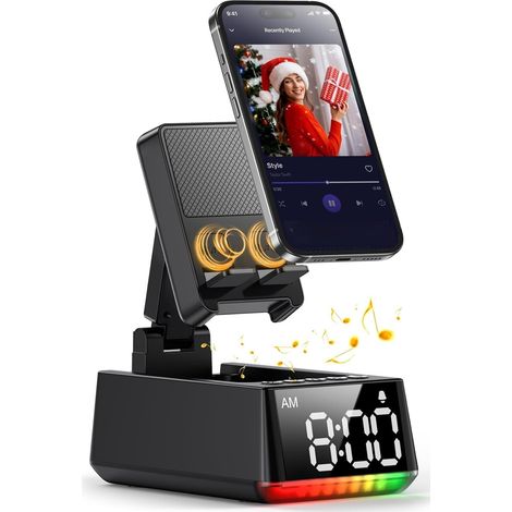 phone holder with Bluetooth speaker and clock Gadget Tech 3 in 1 Bluetooth Speaker Induction HD Stereo Sound Sound Birthday Christmas Gift for Men Women (1/5)