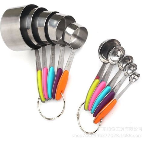 Juego de tazas y cucharas medidoras de acero inoxidable, 10 piezas de utensilios de cocina para hornear cocinar graduación clara mangos silicona (1/5)