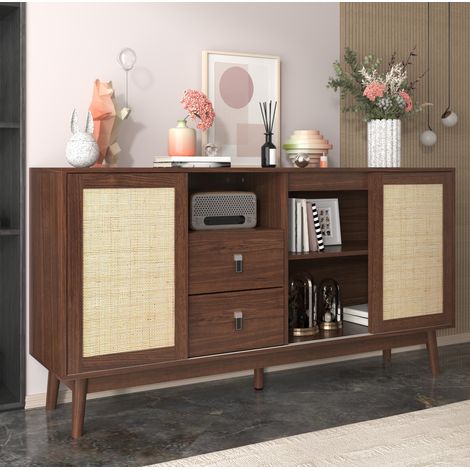 Sideboard en MDF et panneaux de particules décor bois foncé, 155x38x80 cm, 3 portes coulissantes en rotin, 2 tiroirs (1/5)