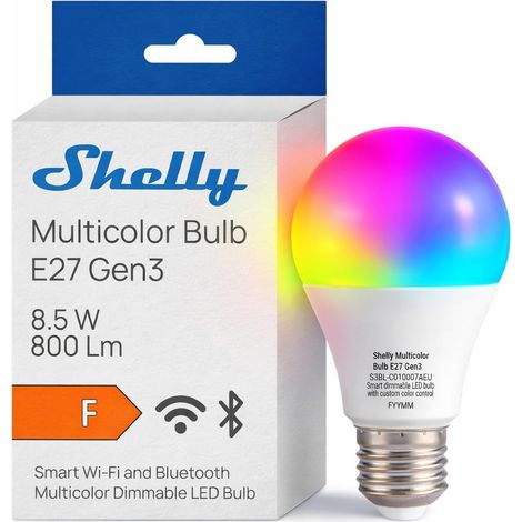 SHELLY MULTICOLOR BULB E27 GEN3 - AMPOULE LED CONNECTÉE MULTICOLORE WI-FI ET BLUETOOTH, MODES COULEUR ET BLANC 2700K-6500K, DIMM