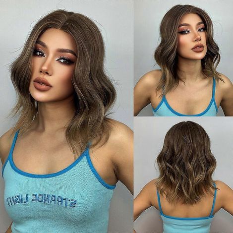 LOUIS FERRE Perruque courte blonde au carré synthétique avec racines foncées, longueur épaules, cheveux blonds raides mélangés à des cheveux blancs résistants à la chaleur