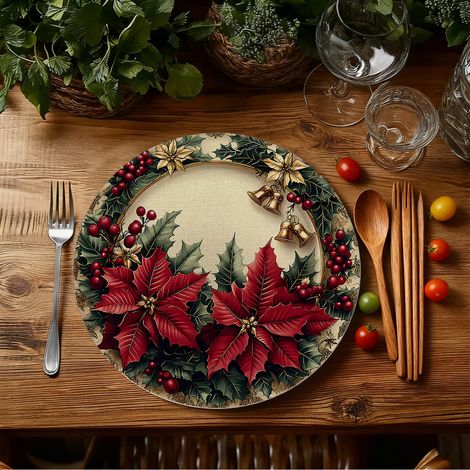 Sets de table de Noël style américain, dessous de plat antidérapants et isolants thermiques pour cuisines de restaurant, résistants aux taches et à l'usure, en stock - Lot de 6 pièces (vinyle) 36 x 36
