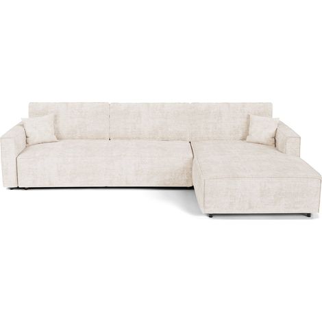 Canapé d'angle droit convertible avec coffre 3 places en velours côtelé crème (1/5)
