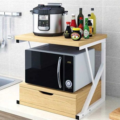 Étagère pour Micro-Ondes, Structure en métal avec étagère en Bois MDF et tiroir Organisateur, Porte-ustensiles de Cuisine, Design Moderne, 54 x 35 x 50 cm (chêne) (1/5)