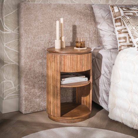 Chevet rond 1 tiroir 2 niches 40x60 cm en manguier - KIRY (1/5)